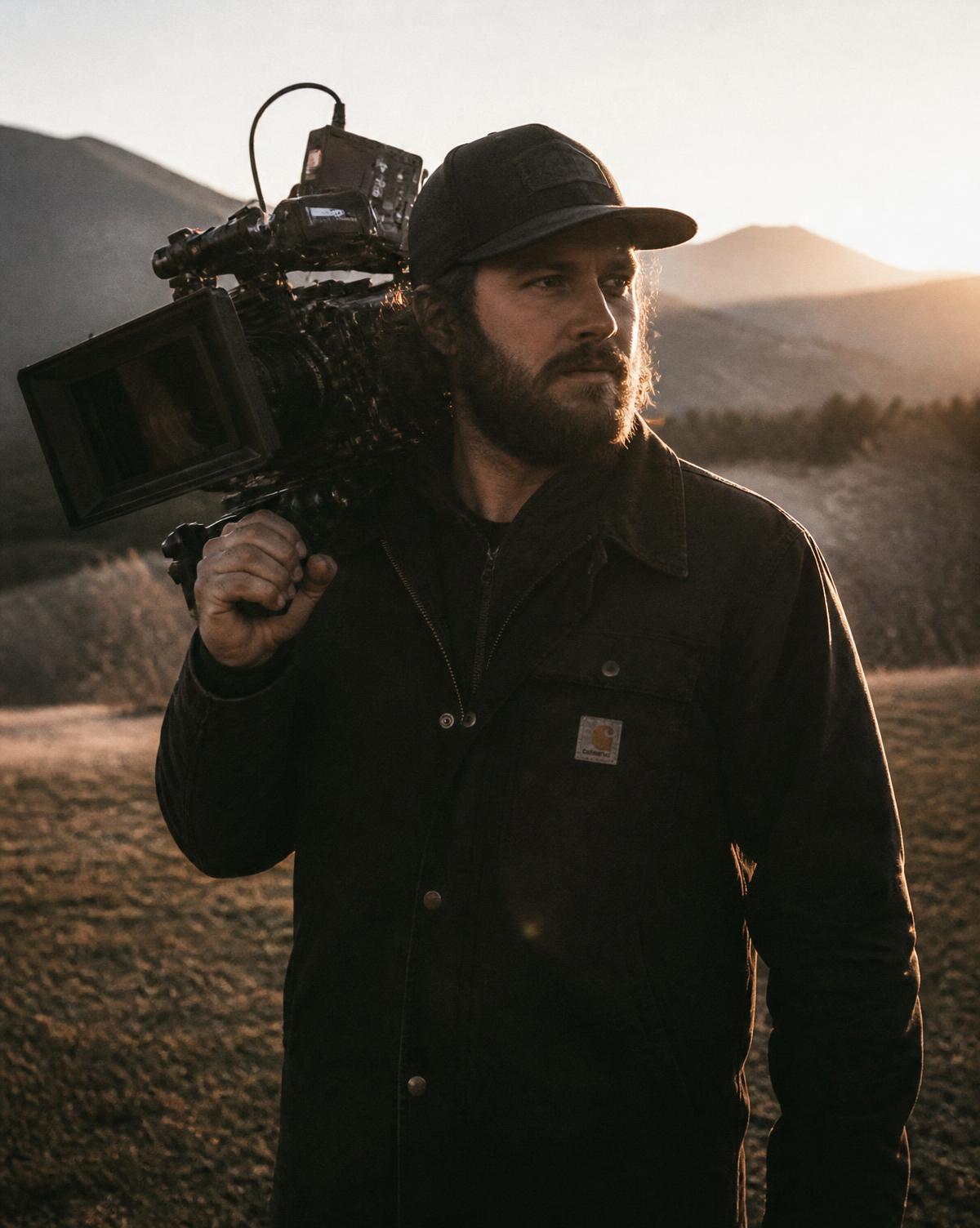 Wes Callaway, founder of Sojourn Story Co., holding a cinema camera at sunrise
